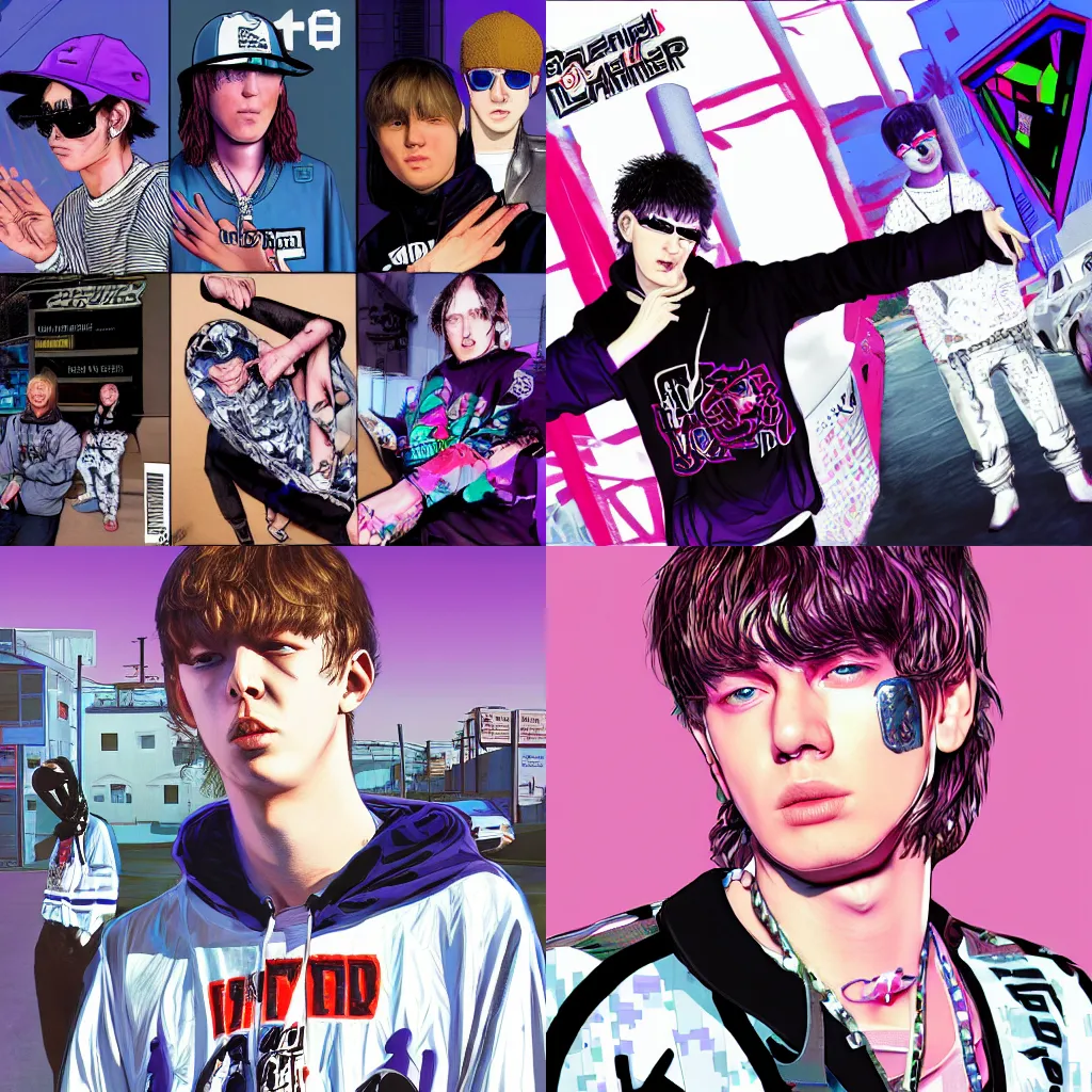 Prompt: Bladee Draing Gang in GTA V, cover art by Stephen Bliss, artstation, no text