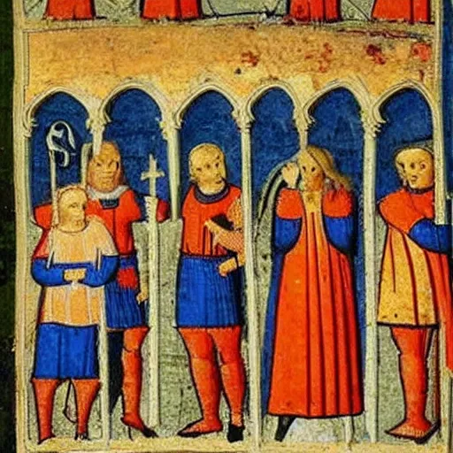 Prompt: medieval art of knights working at a office