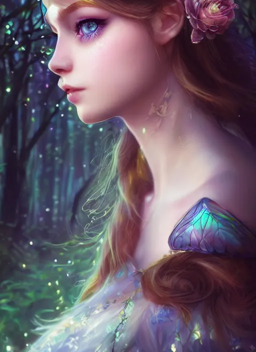 Image similar to portrait of a gorgeous fairy princess of the forest, perfect blue eyes, detailed iridescent floral pattern skin, ultra realistic, cinematic lighting, depth of field, artstation, artgerm, NeoArtCorE