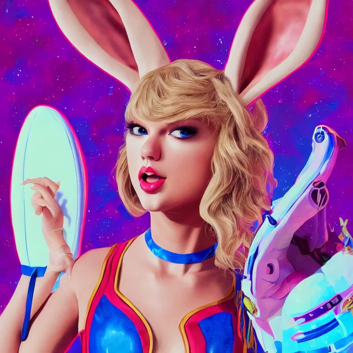 Image similar to portrait of Taylor Swift as Lola Bunny in Space Jam 1996. bunny ears. intricate abstract. intricate artwork. by Tooth Wu, wlop, beeple, dan mumford. octane render, trending on artstation, greg rutkowski very coherent symmetrical artwork. cinematic, hyper realism, high detail, octane render, 8k, iridescent accents