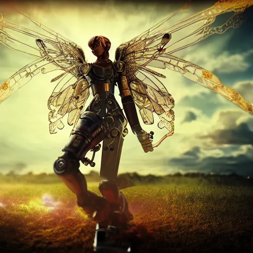 Image similar to a steampunk robotic angel, retro, steam, extremely detailed, particles, cinematic lighting, anime, clouds, sky, lush, beautiful,