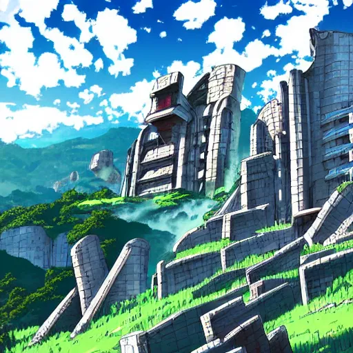 Image similar to futuristic ruins on a mountainside, colorful ruins, mega ruins, clouds on mountain, ruined buildings on mountainside, cel - shading, cel - shaded, 2 0 0 1 anime, bright sunshine