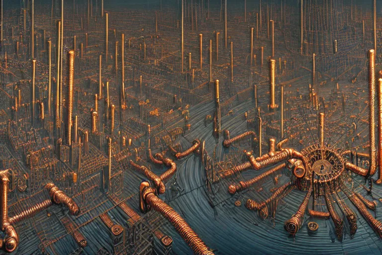 Prompt: an elaborate penned illustration of a apocalyptic intricate connected city of tubes and pipes, muted colors, copper pipers, by jan van haasteren and jheronimus bosch, unreal engine, physically based rendering, ariel view, tilt - shift, shiny, industrial, water, smoke, reflective, cinematic, isometric, beksinski