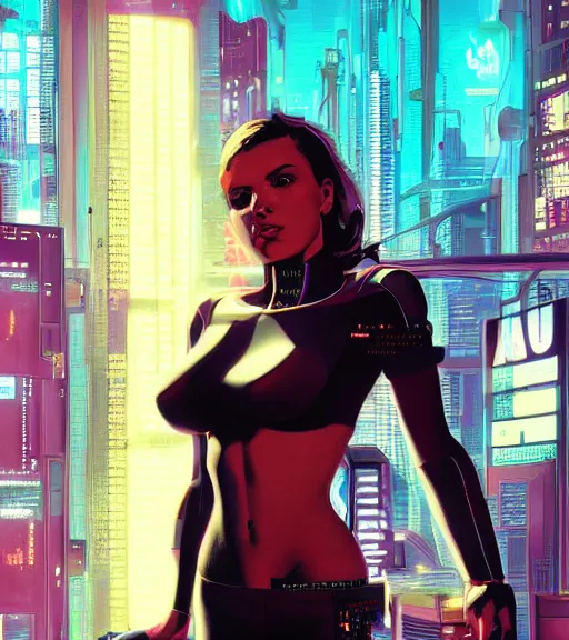 Image similar to cable plugged in, side of head, very very beautiful woman, cyberdeck computer terminal, street level night city, 1 9 7 9 omni magazine cover, style by vincent di fate, artgerm, cyberpunk 2 0 7 7, very coherent, detailed, 4 k resolution, unreal engine, daz