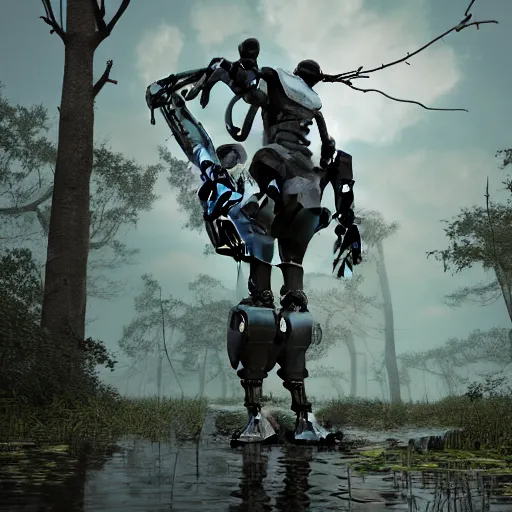 Prompt: ancient robot in a swamp, digital art, cinematic concept art, 3D render, unreal engine