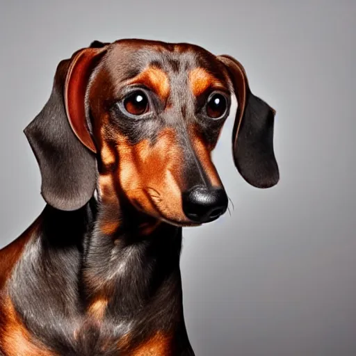 Prompt: dachshund flexing biceps, photography, studio lighting
