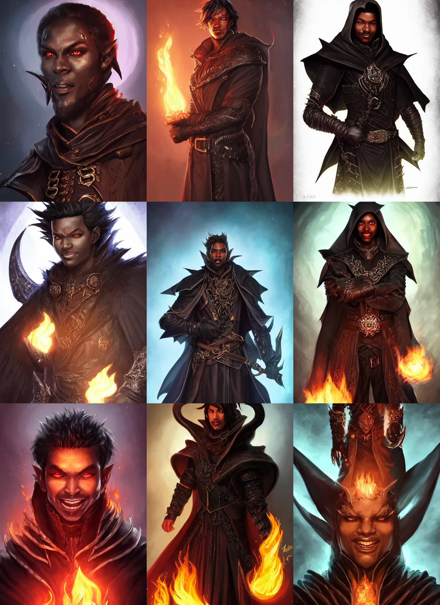 Prompt: portrait of a male warlock in the darkness, black skin, fire eyes, evil grin, leather short robes, belts, high fantasy, dnd, face details, extremely detailed, smooth, sharp focus, digital illustration, by artgerm, rossdraws, sakimichan