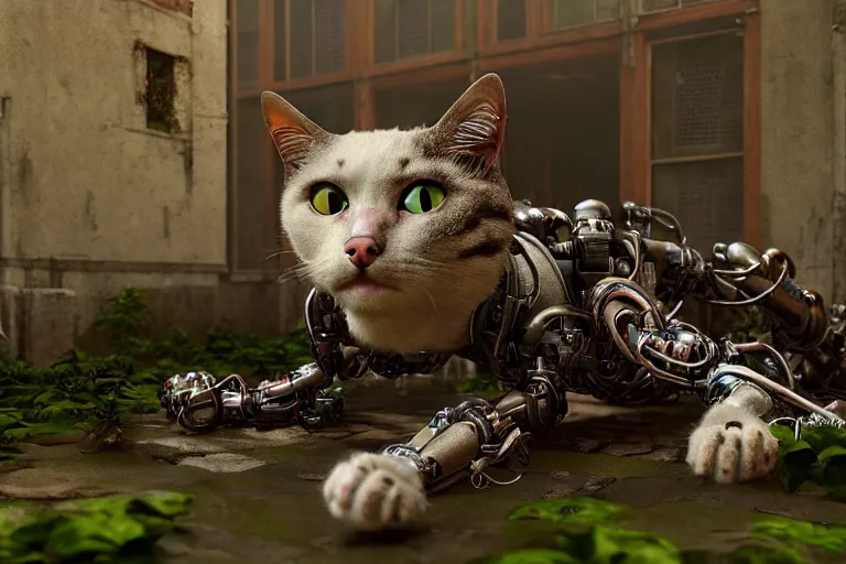 Image similar to Broken cyborg cat sitting on old courtyard with mud and an old playground between two soviet five-storey overgrown with ivy panel houses, high details, cinematic, 8k resolution, beautiful detailed, insanely intricate details, artstation trending, rule of third, octane render, unreal engine