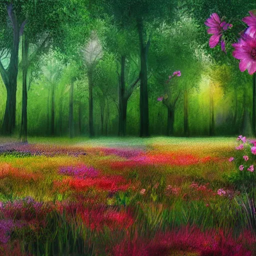 Prompt: A forest with beautiful flowers scatter across the field with large trees of all colors, digital art, detailed, trending on artstaion