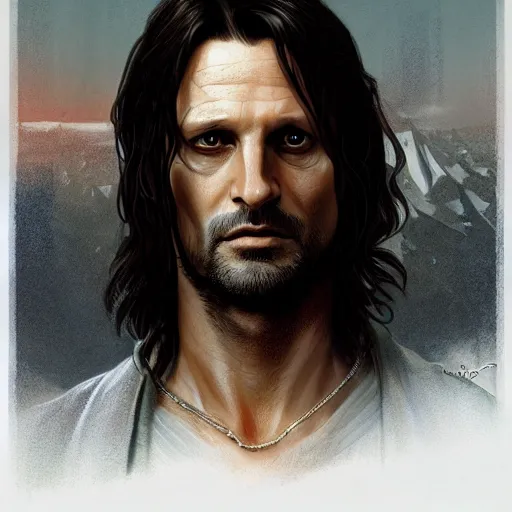 Image similar to [Aragorn in the movie Matrix as GTA character, closeup, D&D, intricate, elegant, highly detailed, digital painting, artstation, concept art, matte, sharp focus, illustration, art by Artgerm and Greg Rutkowski and Alphonse Mucha and Enki Bilal]