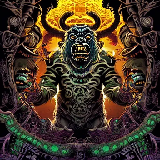 Prompt: barong family member, wiwek, mara demon, one single tribe member, jungle, one single mask, dark, ancient warrior, gorilla, lizard, tribal, inner glow, art by derek riggs and dan mumford and justin gerard