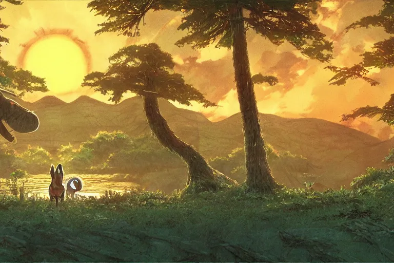 Image similar to anime key frame art of princess mononoke landscape, golden hour, studio ghibli, princess mononoke (1997)
