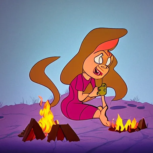 Image similar to full body portrait of Esmerelda (Tiny Toons (1990)) sitting around a campfire telling stories with her friends, in style Goro Fujita, 3D, UE5, ultra high textures, dark vignette, burning embers, nostalgic, muted colors, desaturated, volumetric, slightly drunk, candy rush, autochrome, tranquil, starry night, marshmallows, s'mores, highly detailed, busy, 4K, 8K, HQ