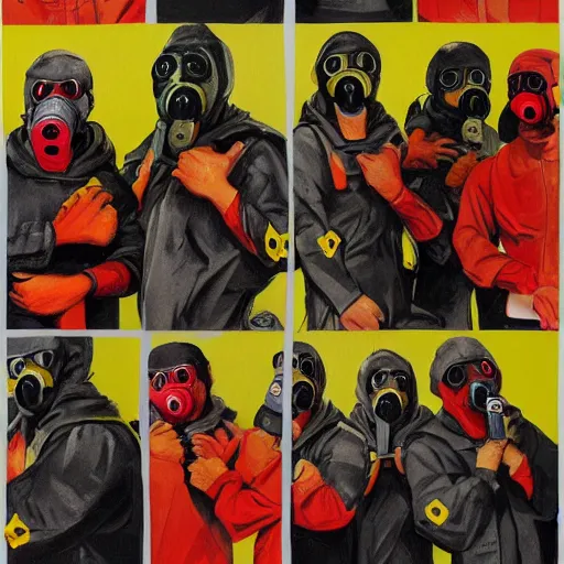 Image similar to detailed details concept art saints gang photo group, theyre using gas mask, other using saints mask, with red cross mark, theyre wear yellow and red hoodie, theyre leader regularly uses red in the style of bob peak and alex ross, gouache and wash paints color, detailed details facial and body and human and environments and proportionate, detailed 5 k details.