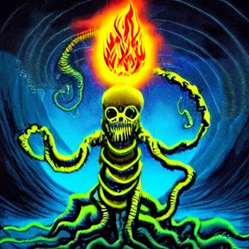 Image similar to “a terrifying lovecraftian cosmic god with dark yellow magic fire”