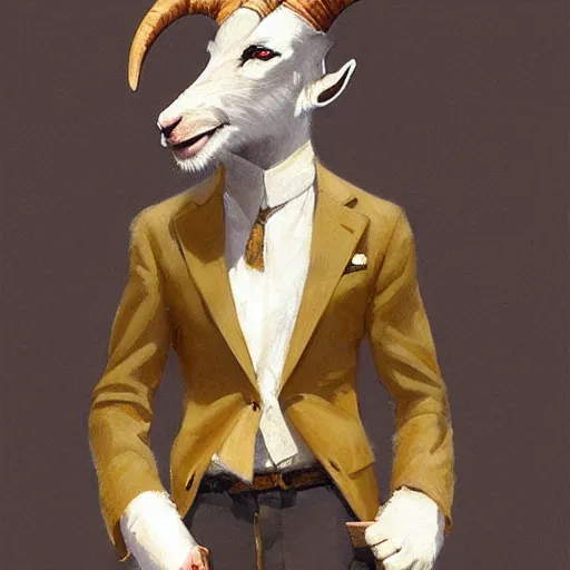 Image similar to award winning character art commission of an anthro furry humanoid goat smoking a cigar, three piece suit, character concept design, painting, detailed, vivid, trending on artstation, art by greg rutkowski