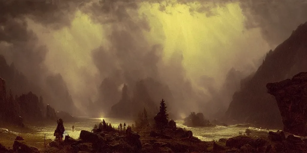 Prompt: storm in the mountains, by Albert Bierstadt, Ernst Haeckel, James Jean, emotional, cinematic atmospheric, artstation