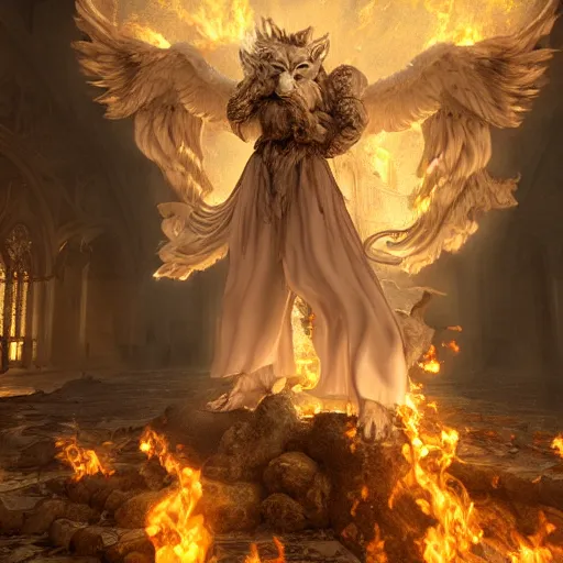 Prompt: A epic and beautiful rococo painting of a angelic werewolf inside a burning cathedral. final fantasy style. ultra-detailed. Anime, pixiv, UHD 8K CryEngine, octane render