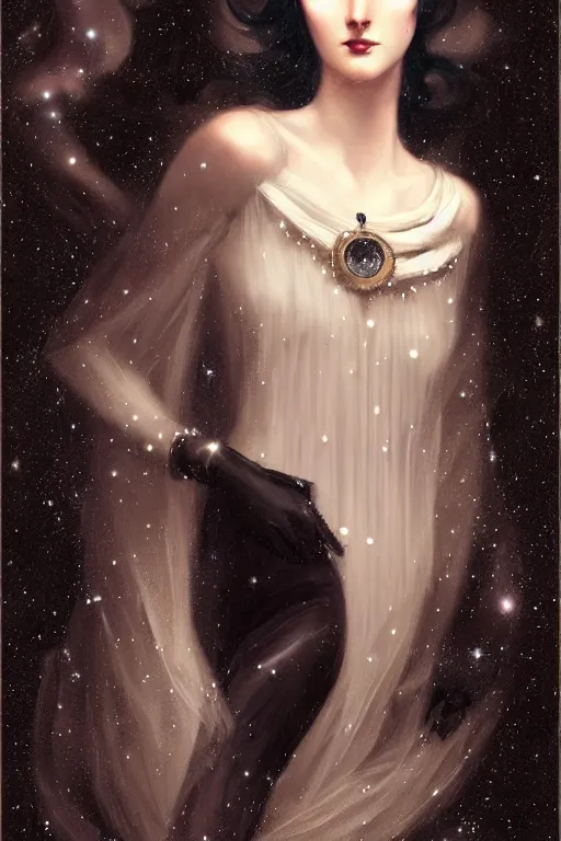 Image similar to Nocturne, glowing, stars, a long-legged elegant sultry woman, long black hair with white tips, pearl choker, highly detailed, mysterious, ethereal, dressed in black velvet, haute couture, illustration, dramatic lighting, soft details, painting, by Edmund Blair Leighton, Brom, Charlie Bowater, trending on artstation, faces by otto schmidt