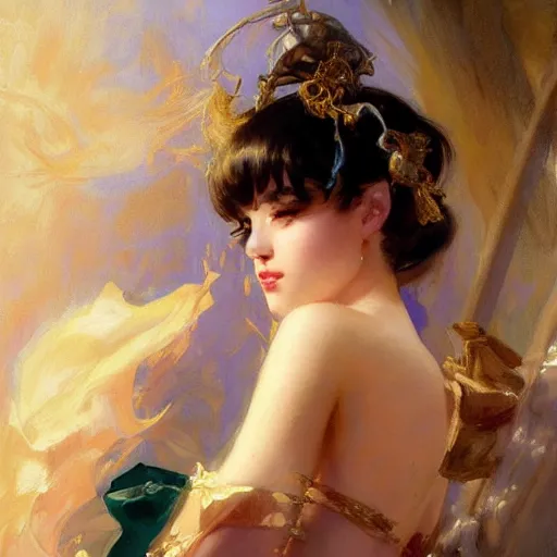 Image similar to a high fashion studio portrait of a cute anime girl, painting by gaston bussiere, craig mullins, j. c. leyendecker