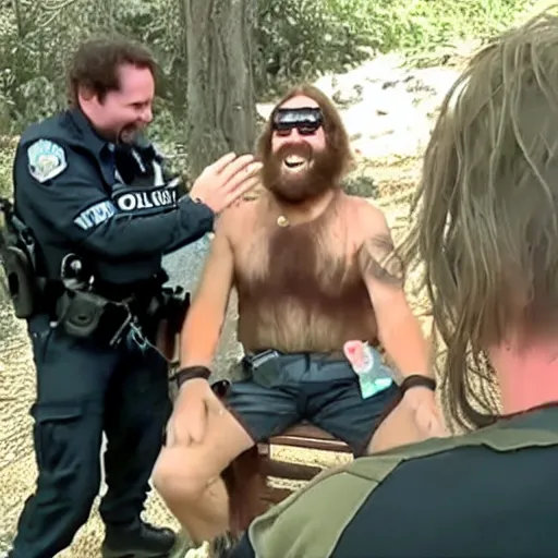 Prompt: police bodycam footage of laughing caveman