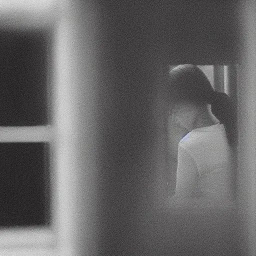 Image similar to black and white fashion photograph highly detailed portrait of a depressed beautiful 30 years old model woman standing by the window, natural light, rain, mist, lomo, fashion photography, film grain, soft vignette, sigma 85mm f/1.4 1/10 sec shutter