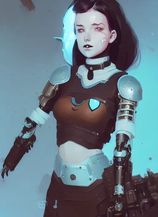 Prompt: portrait of cute goth girl in cyber armor, warhammer, by atey ghailan, by greg rutkowski, by greg tocchini, by james gilleard, by joe fenton, by kaethe butcher, dynamic lighting, gradient light blue, brown, blonde cream and white color scheme, grunge aesthetic