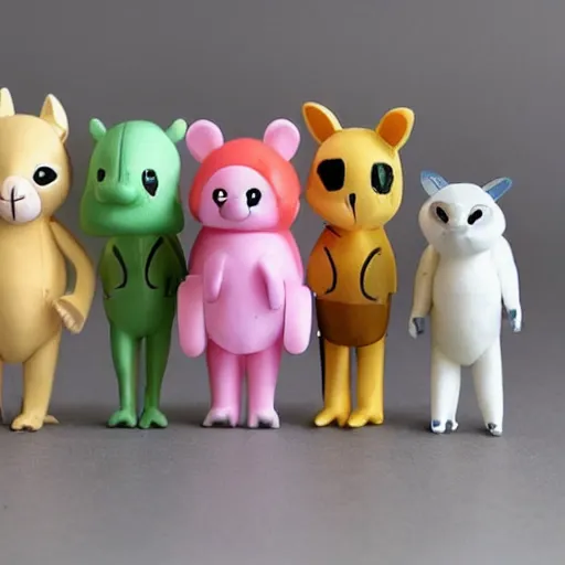 Prompt: some cute plastic toys that look like animal characters that are dressed as other animals, pastel colors