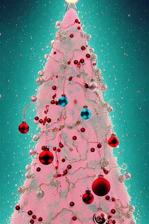 Image similar to illustration neo - rococo cinematic super expressive! scandi christmas tree with kitchen glitzy baubles, star, bird decorations, silver pink white red mood, highly detailed digital art masterpiece, smooth etienne sandorfi eric zener dramatic pearlescent soft teal light, ground angle hd 8 k, sharp focus