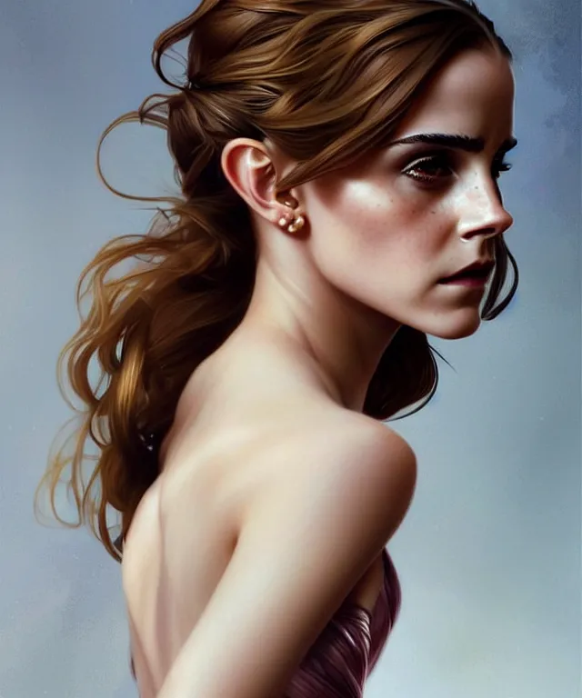 Prompt: Emma watson elegant dancer woman portrait, sci-fi, amber eyes, face, long hair, fantasy, intricate, elegant, highly detailed, digital painting, artstation, concept art, smooth, sharp focus, illustration, art by artgerm and greg rutkowski and alphonse mucha