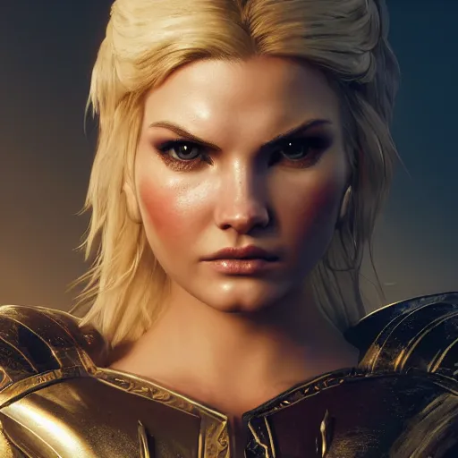 Prompt: front centered symmetrical RPG avatar portrait, Elisha Cuthbert as a paladin, blonde hair, ornate armour, dramatic lighting, cinematic, establishing shot, high detail, photo realistic, cinematic lighting, post processed, 8k, concept art, artstation, matte painting, in the style of eddie mendoza, raphael lacoste, alex ross