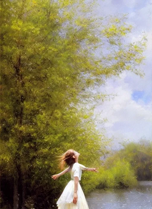 Image similar to There is a tree by the river, a girl wearing a white skirt swinging under the tree, by Vicente Romero Redondo