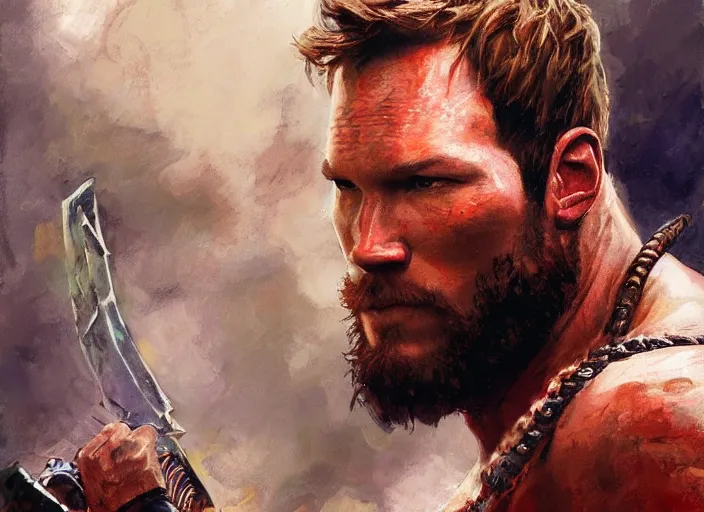 Image similar to a highly detailed beautiful portrait of chris pratt as kratos, by gregory manchess, james gurney, james jean