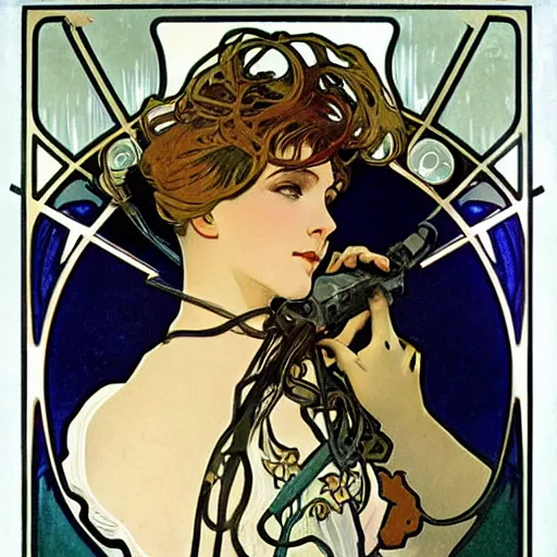 Image similar to airship pilot, painted by alphonse mucha