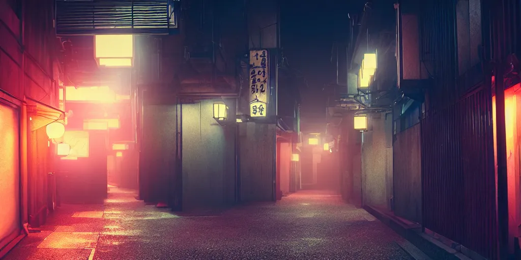 Image similar to a japanese alleyway at night, in the style of blade runner 2049, volumetric lighting