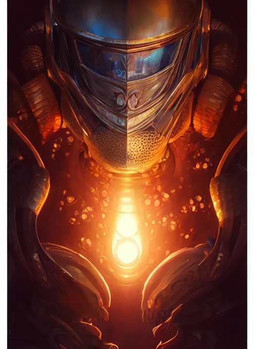 Image similar to highly detailed portrait of reflection of dragonfire on shiny knight helmet, raytracing, fantasy art by by simon bisley, loish, rhads, ferdinand knab, makoto shinkai and lois van baarle, ilya kuvshinov, rossdraws, tom bagshaw, global illumination, radiant light, detailed and intricate environment