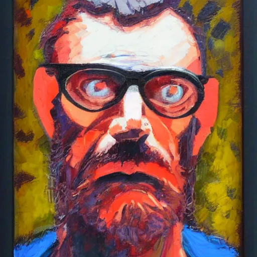 Image similar to an expressionism face portrait of Gordon freeman used with Impasto, dark oranges reds and yellows, note detailed