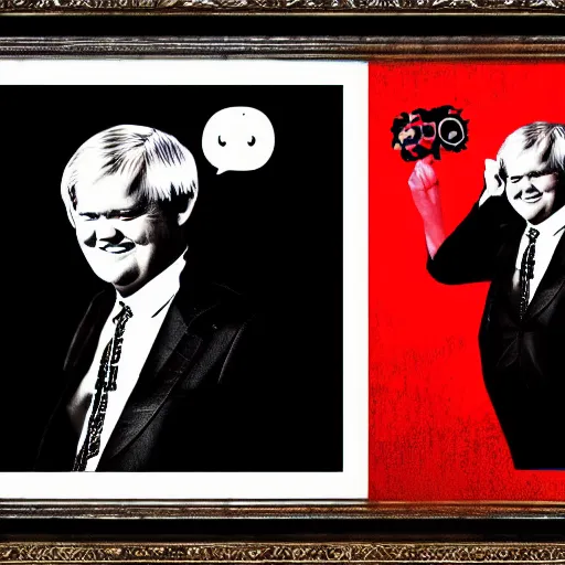 Prompt: newt gingrich in a suit and tie with a creepy face, a screenprint by warhol, reddit contest winner, antipodeans, hellish, anaglyph filter, hellish background