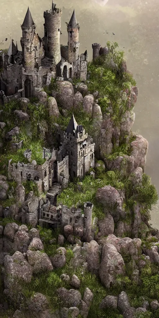 Image similar to a abandoned castle on the edge of a high cliff, 8 k, shallow depth of field, intricate detail, concept art,