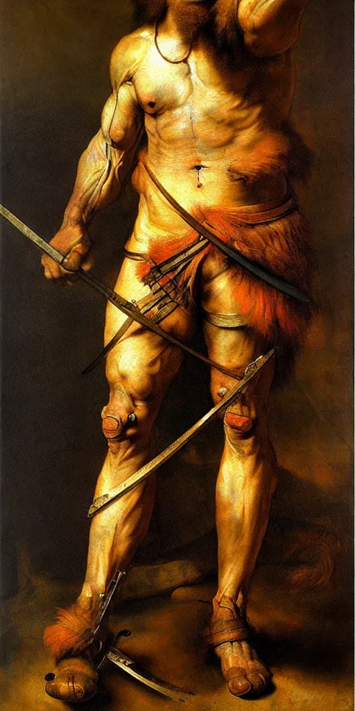 Prompt: muscular lion as barbarian hunter with scars full body human legs , very textured detailed oil painting by rembrandt