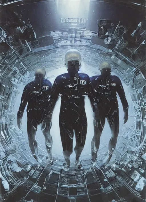 Image similar to astronauts in dark and empty void underwater - complex and hyperdetailed technical suit. reflection and dispersion materials. rays and dispersion of light. volumetric light. 5 0 mm, f / 3 2. noise film photo. flash photography. ultra realistic, wide angle. poster by wayne barlowe, hajime sorayama aaron horkey, craig mullins. polaroid.