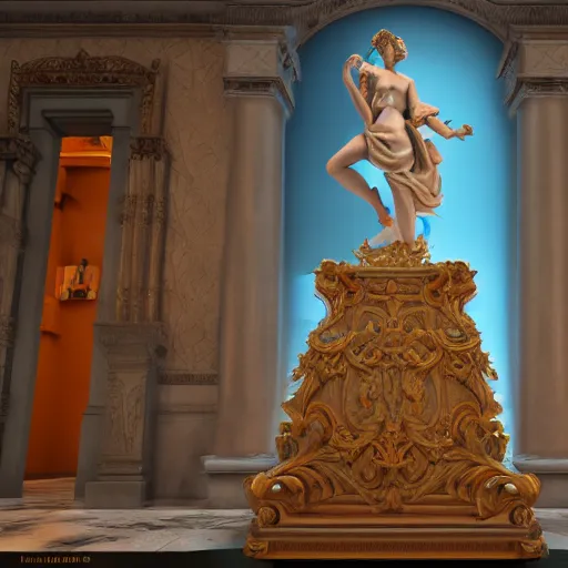 Image similar to baroque vaporwave statue, trending on art station, 4k UHD, 8k, painting illustration, high detail, rendered in unreal engine, 3d render, god rays, volumetric lighting, award winning, photorealistic, clear face