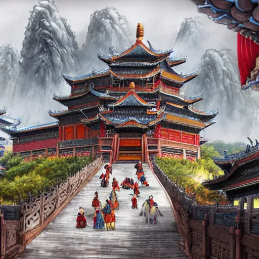 Image similar to dynamic composition, motion, ultra-detailed, incredibly detailed, a lot of details, amazing fine details and brush strokes, colorful and grayish palette, smooth, HD semirealistic anime CG concept art digital painting, watercolor oil painting of epic castle gate, from Three Kingdoms, by a Chinese artist at ArtStation, by Huang Guangjian, Fenghua Zhong, Ruan Jia, Xin Jin and Wei Chang. Realistic artwork of a Chinese videogame, gradients, gentle an harmonic grayish colors.