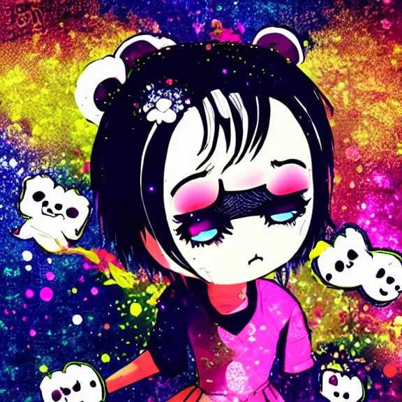 Prompt: photo of a emo manic pixie dream girl, 8k, portrait | sanrio glitchcore yokai girl, shadowverse character concept, found footage horror, glitter gif