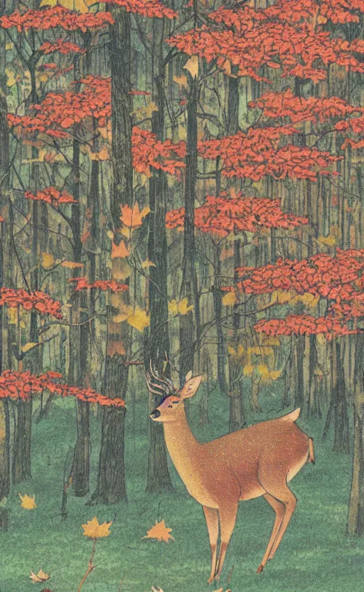 Prompt: by akio watanabe, manga art, alone deer jumping around maple forest, fall season, trading card front