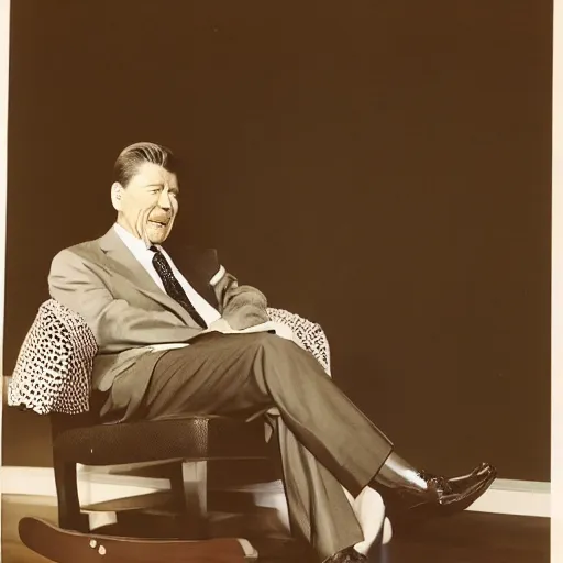 Image similar to [ ronald reagan sitting in chair... tiger lying at his feet ]