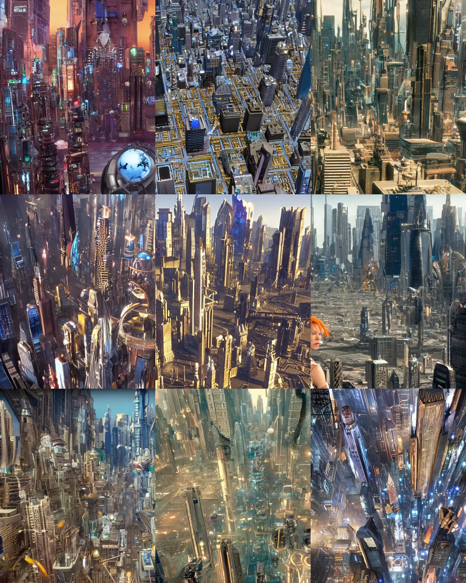 Prompt: movie still from the fifth element city scene, wide aerial shot, 1 6 mm lens, 4 k digital camera, sharp focus