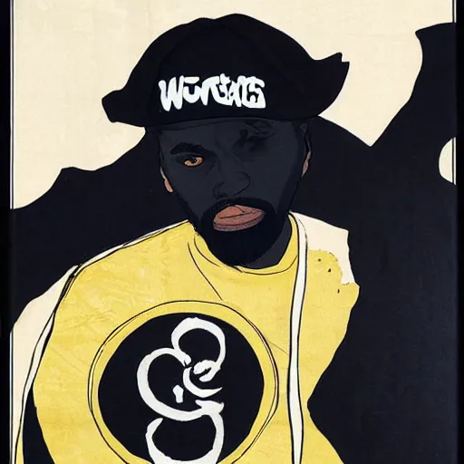 Prompt: Masta Killa from Wu-tang Clan rapping, portrait, style of ancient text, hokusai
