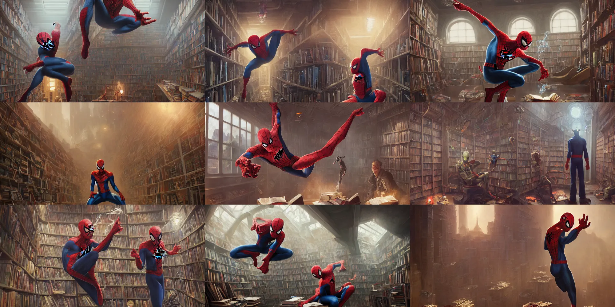 Prompt: highly realistic spiderman, standing in a library, smoking marijuana stephen bliss, unreal engine, fantasy art by greg rutkowski, loish, rhads, ferdinand knab, ilya kuvshinov, rossdraws, tom bagshaw, global illumination, radiant soft light, detailed and intricate environment