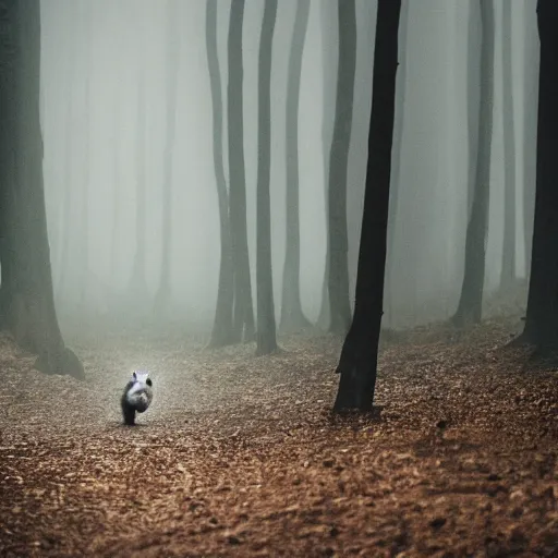 Image similar to a short furry monster with black fur walks out of a misty forest, silhouette, 3 5 mm